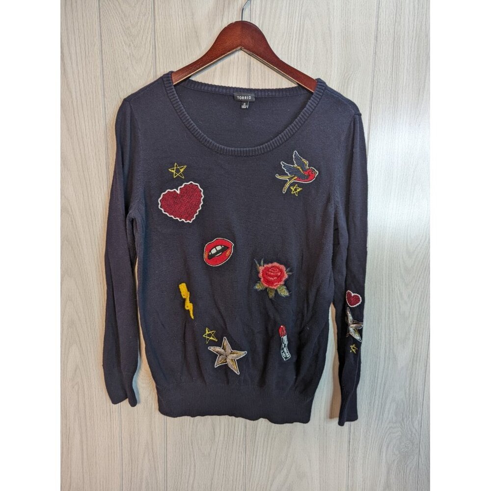 Torrid Graphic Patch Black Sweater Long Sleeve Womens Size 0X Large L - Picture 1 of 8